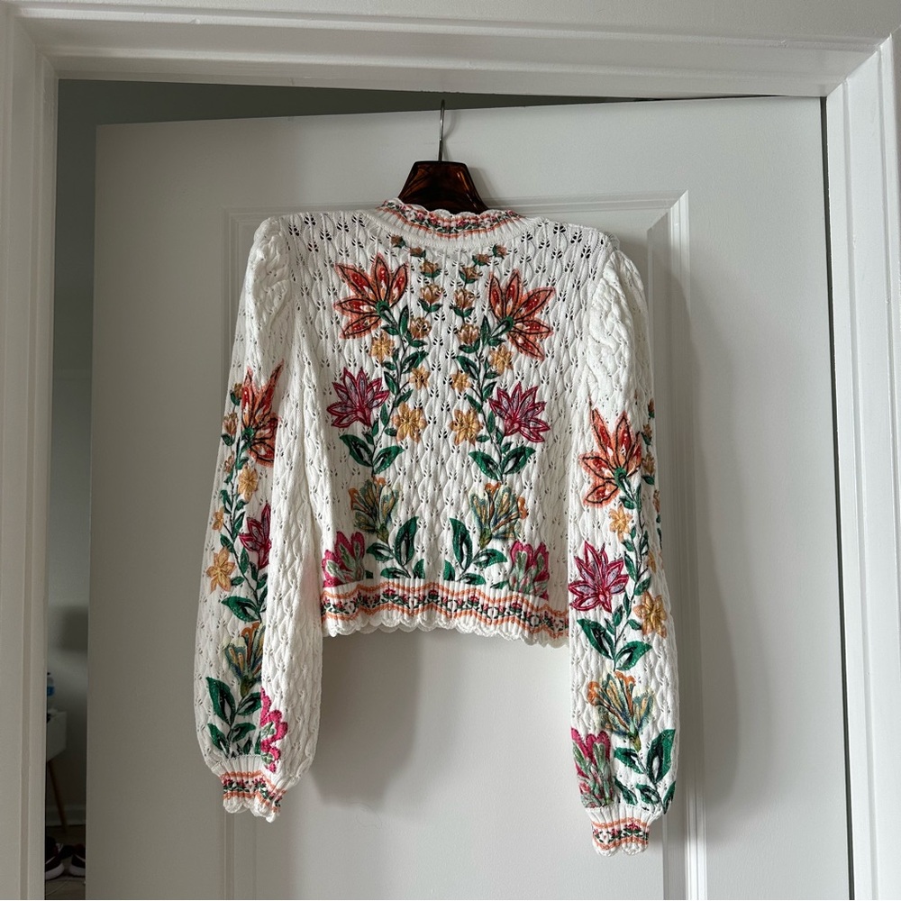 FARM Rio White Cropped Eyelet Cardigan with Multicolor Floral Embroidery - Picture 7 of 7